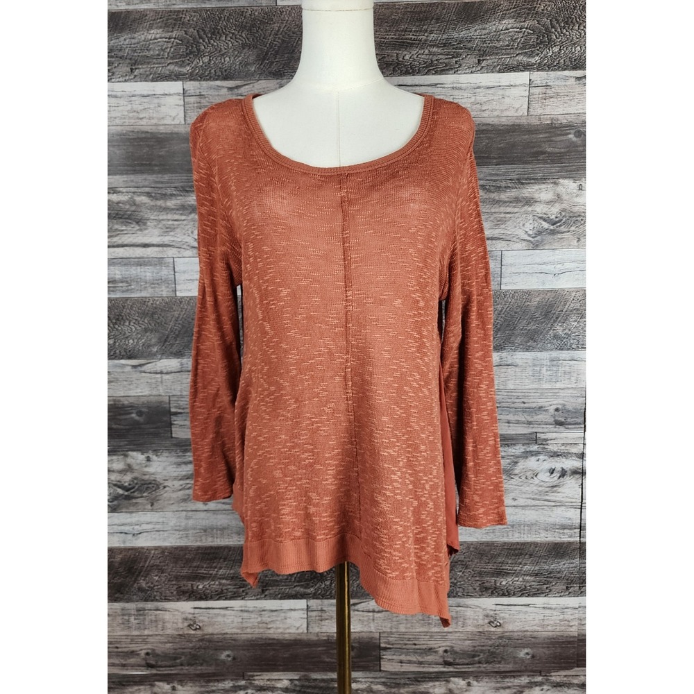 RXB Terracotta Orange Mixed Media Sharkbite Hem Tunic Top Medium Long Sleeve